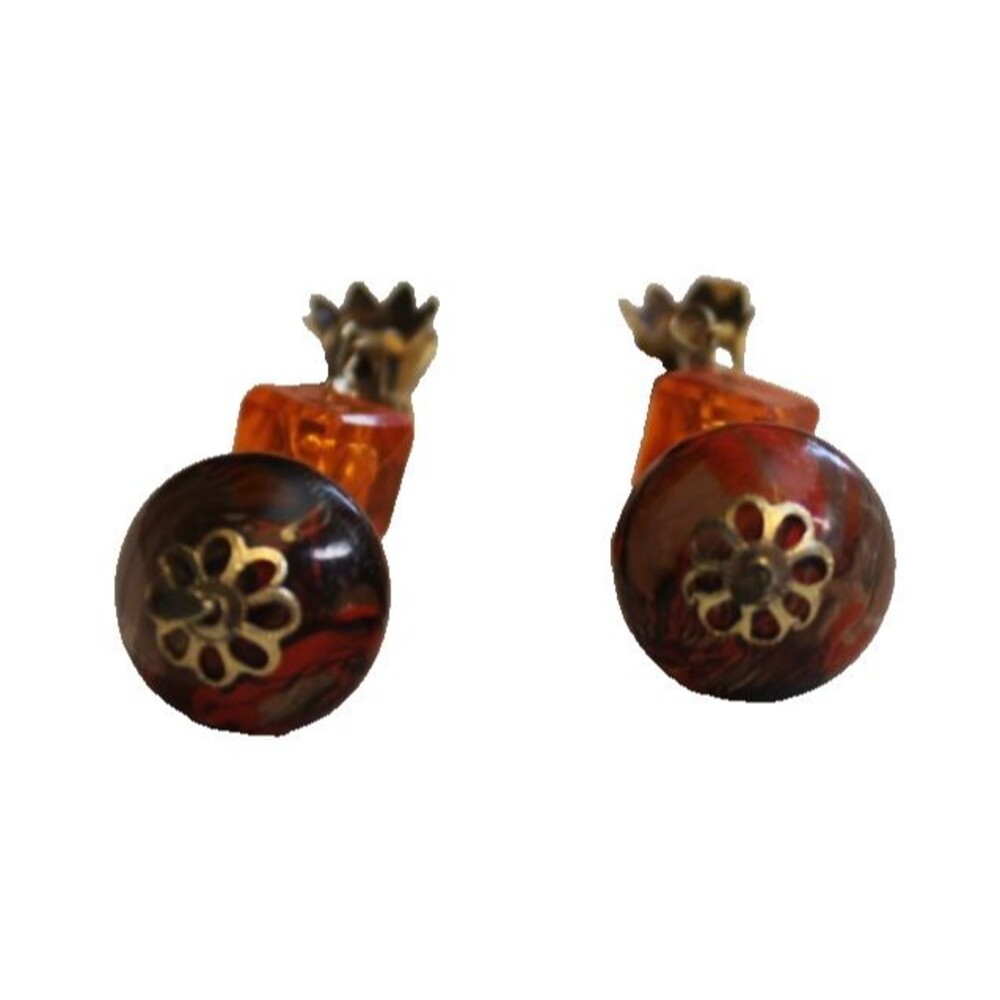 Vintage Amber Tone Faceted Glass And Marled Bead Clip On Earrings